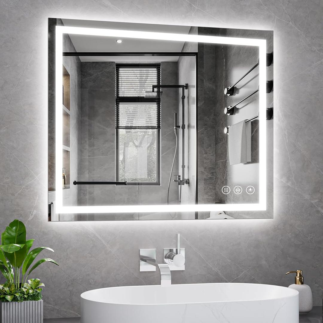 Koonmi 30x36 LED Bathroom Mirror, Backlit + Front Lit, LED Bathroom Mirror with Lights for Wall, 3 Colors, Anti-Fog, Dimmable Brightness, Memory Function, Tempered Glass