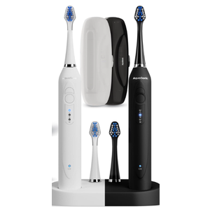 Aquasonic Duo - Dual Handle Ultra Whitening 40,000 VPM Wireless Charging Electric ToothBrushes - 3 Modes with Smart Timers - 10 Dupont Brush Heads & 2 Travel Cases Included
