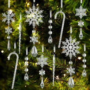 24 pcs Crystal Christmas Ornaments, Hanging Acrylic Snowflake for Christmas Tree Decorations Clear Crystal Ornaments with Icicle Drop for Xmas Decor New Year Party Wedding Home Decor Indoor Outdoor