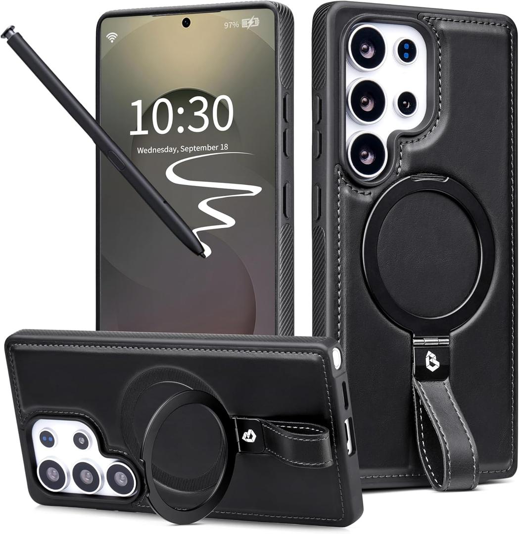 Butaiga for Samsung Galaxy S25 Ultra Leather Case with Stand, AntiSlip Grip Ring, Fits for MagSafe (Navy, S25 Ultra6.9inch)