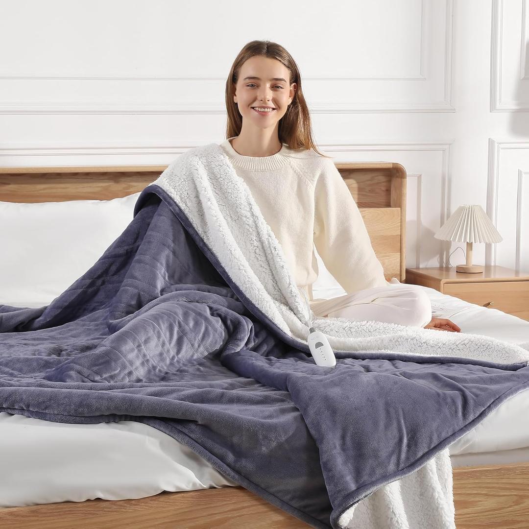 Electric Blanket Twin Size - Purple Heated Blanket 62X84in Double Sided Flannel Sherpa Heating Blanket with 5 Heat Settings & 10 Hours Auto-Off, Machine Washable, Grandma Gifts(Lavender Purple)