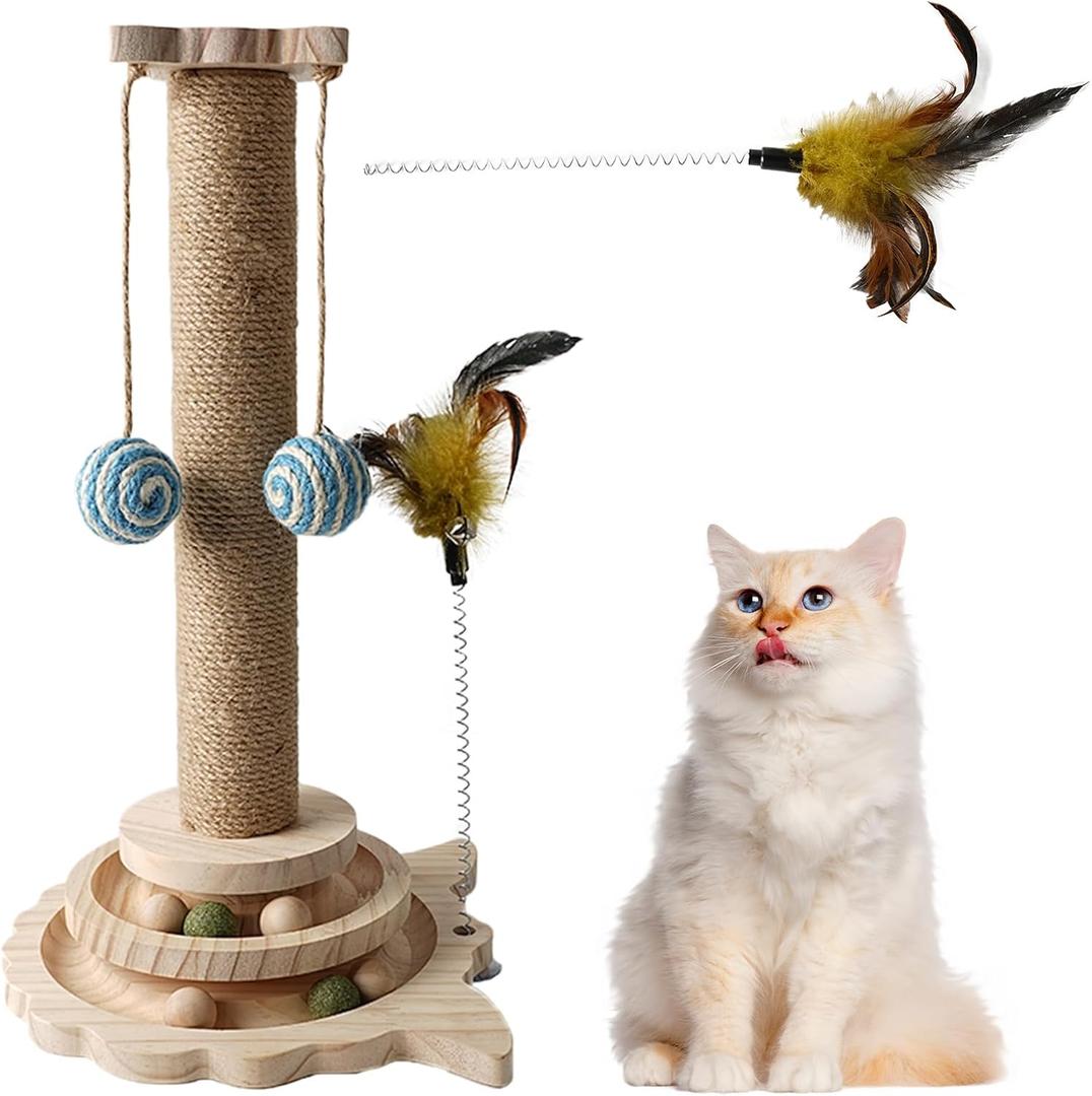 Cat Scratching Post, 4 in 1 Wooden Cat Scratcher Toy, 18" Tall Scratch Post with 2 Level Cat Track Balls, 2 Interactive Cat Feather Toys and 2 Sisal Hanging Balls for Indoor Kittens, Adult Cats