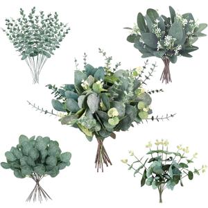 AUMVEYI 40 Pcs 4 Kinds Artificial Eucalyptus Leaves Stems Bulk, Fake Eucalyptus Greenery Picks, Mixed Faux Green Stems Leaves Decoration for Wedding Vase Bouquet Floral Arrangement