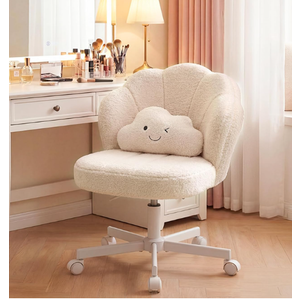 COMHOMA Petal Vanity Chair with Wheels, Cute Desk Chair for Girls Women, Upholstered Home Office Chair with Backrest, Height Adjustable Armless Swivel Chair for Bedroom, Teddy Fleece, Beige
