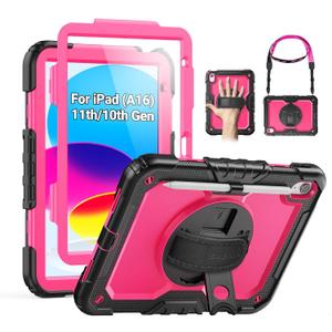 SEYMAC Case for iPad (A16) 11th/10th Generation 2025/2022 (11/10.9), Sturdy Heavy Duty Full-Body Shockproof Protective Case with Screen Protector, Rotating Stand, Hand/Shoulder Strap, Pink