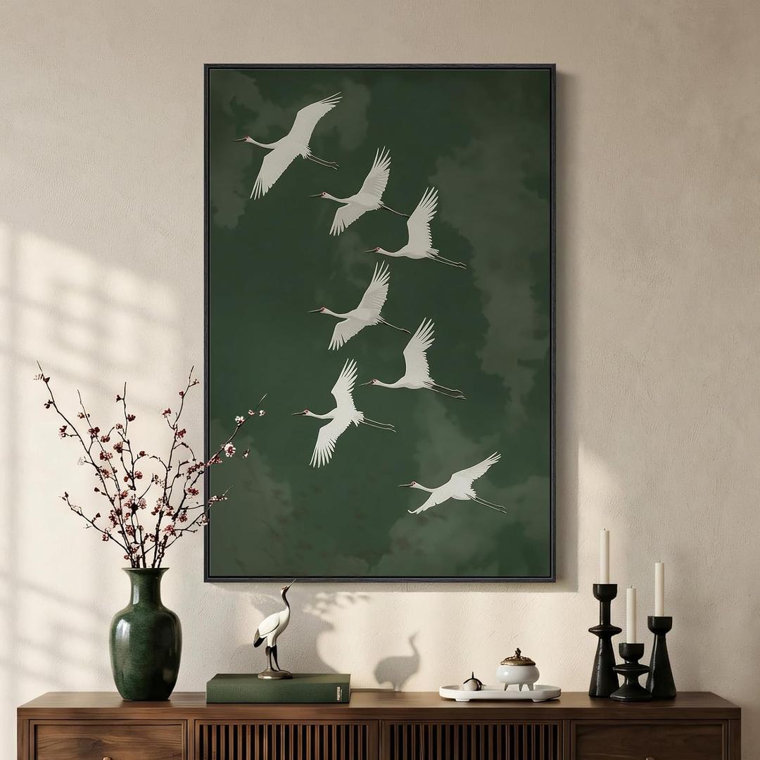 Large Framed Vintage Green Bird Wall Art for Living Room, Japanese Green Zen Asian Canvas Painting Prints Artwork for Walls, Minimalist Oriental White Crane Wall Art for Dining Room Hallway, 24x36