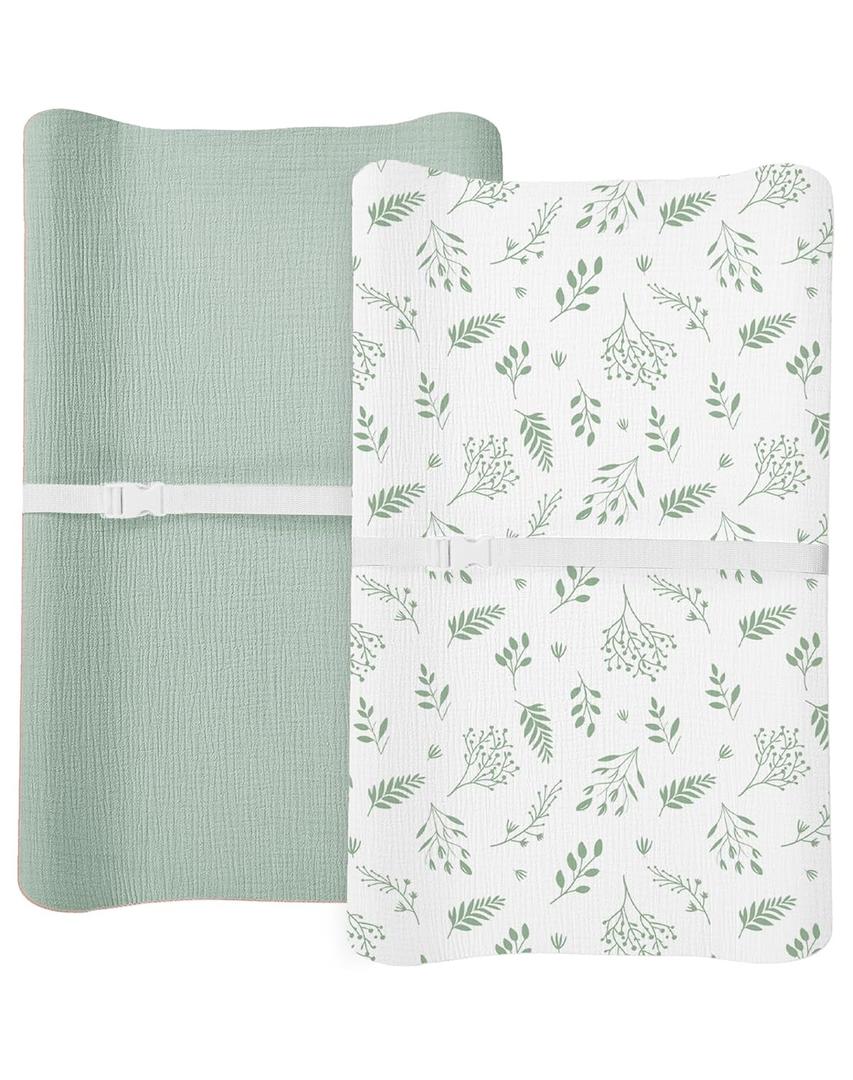 Changing Pad Cover for Baby Boy Girl 2 Pack, Muslin Changing Table Pad Covers with Boho Style, Neutral Nursery Bedding Essentials Soft and Breathable (Fern Leaf & Sage)