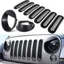 Front Grille Mesh Inserts & Headlight Cover for Jeep Wrangler JK JKU Sport Freedom Rubicon Sahara Unlimited 2007-2018 Exterior Accessories Clip-in Grille Guard Headlight Bezels Trim (Matte Black)