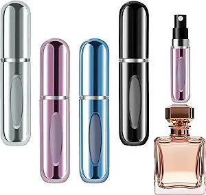 Refillable Perfume Portable Atomizer Bottle Refillable Perfume Spray, Leak-Proof Perfume Spray Bottle, Travel Perfume for Traveling and Outgoing (5ml, 4 Pack Silver/Pink/Blue/Black)