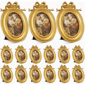 Vicenpal 15 Pcs Gold Tiny Picture Frame 2.5 x 3.5 Inch Small Vintage Oval Picture Frames Stylish Vintage Baroque Ornate Antique Resin Oval Table Display for Home Wedding