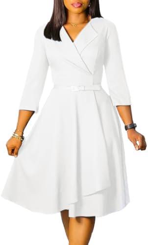 Elainone Women 3/4 Sleeve Casual Swing Flared A Line Dress Wedding Guest Semi Formal Office Work Dresses with Belt, Size Medium