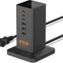 USB C Charger Blcok PD 100W, TESSAN 6-in-1 Charging Station for Multiple Devices, Desktop Tower Charger with 6 USB Ports for iPhone 16/15, MacBook, Tablet, Office Home Dorm Room Accessories (5 Feet(100W without AC), Black)