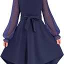 grewley Girls Dresses Puff Long Sleeve Mesh A Line Casual Formal Party Dresses Belted Dress with Pockets (11-12 Years)