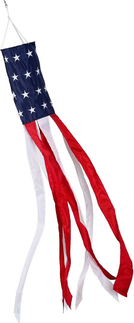 Homissor Embroidered American US Flag Windsock- 60 Inch Outdoor Hanging Heavy Duty 4th of July Red White Blue Patriotic US Flag Wind Sock Fade Resistant Weatherproof Patriotic Decorations