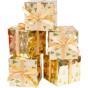 Jaywayang 5 Pack Gold Christmas Gift Boxes with Lids, Ribbons and Tissue Papers Square Gift Boxes - 7.1 Inch - Presents Wrapping Christmas Gift Holiday New Year Party Favor Boxes.