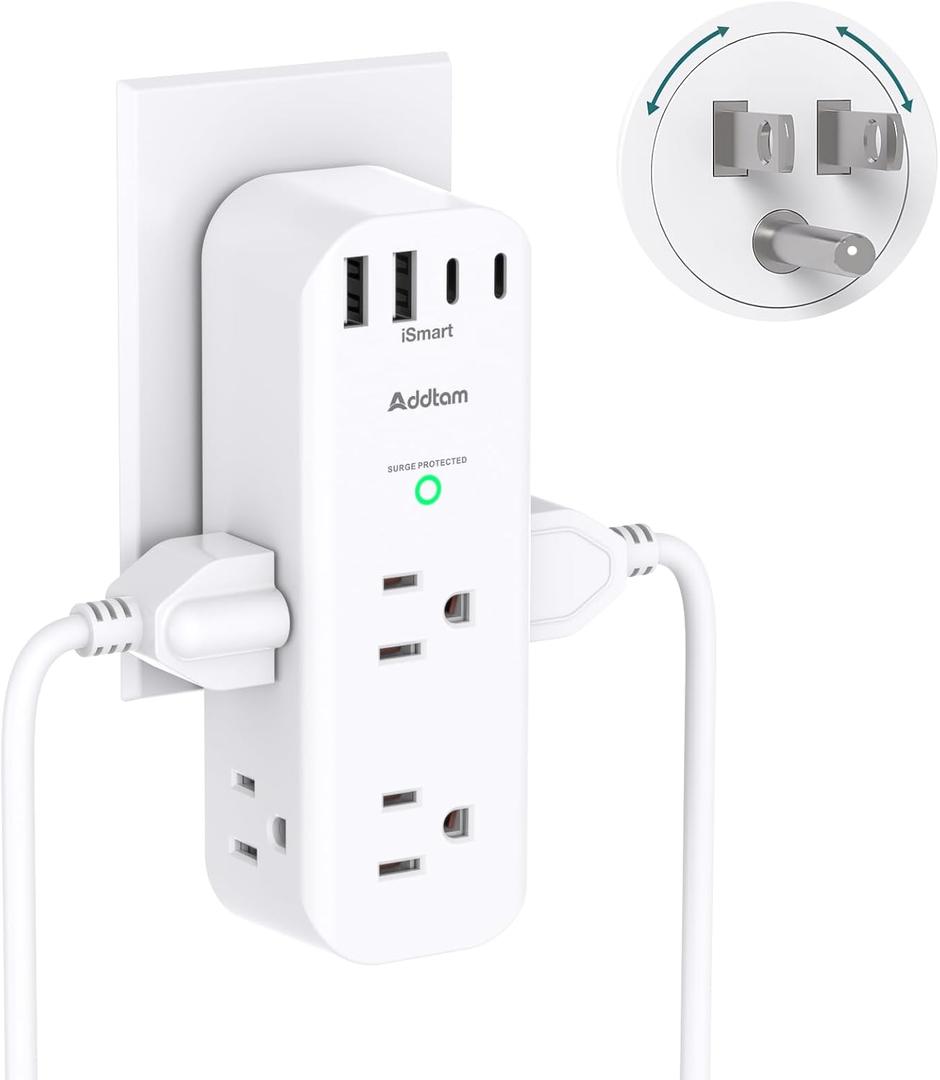 Surge Protector Wall Outlet Extender, Multi Plug Outlet with Rotating Plug, 6 AC Outlets 4 USB Ports (2 USB C), 1800J, 3-Side Power Strip Wall Mount, Outlet Splitter for College Dorm Travel Essentials (White)