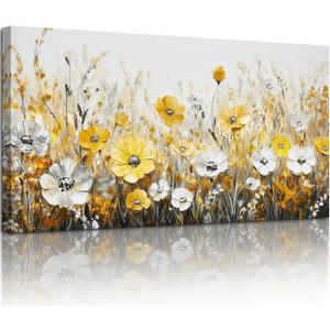 SERIMINO Wildflowers Large Wall Art, Modern Industrial Gold and Silver Floral Art Prints, Rustic Flower Field Canvas Paintings, Vintage Pictures for Living Room Bedroom Kitchen Decoration 24"X48"