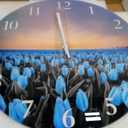 XFM Round Wall Clock 16 Inch Silent Wall Clocks Battery Operated Blue Tulip Flowers Glass Clock Decorative for Kitchen Living Room Bedroom Office