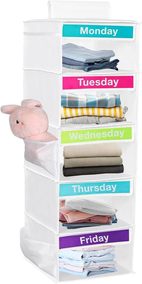 Weekly Clothes Organizer for Kids, Days of The Week Clothes Organizer with 6 Side Pockets, 5-Shelf Hanging Closet Organizer with Monday Through Friday Labels, Weekly Clothing Prepare & Divider (White)