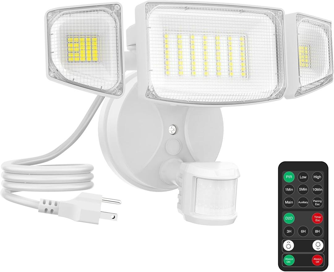 iMaihom 65W 6500LM Motion Sensor Outdoor Light, Plug In LED Security Lights 3 Heads Motion Detection Outdoor Light, Dusk to Dawn, IP65 Waterproof Flood Light with Remote Control for Yard Garage(White)