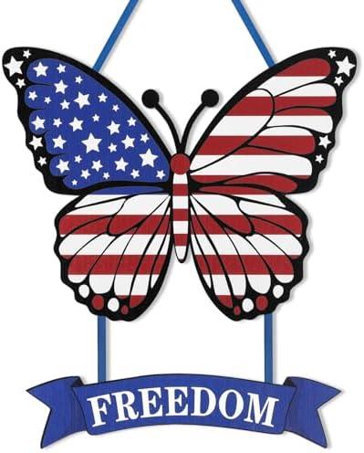 Set of 2 Pack, 4th of July Decoration Wood Door Wall Signs, Wooden Butterfly Wreaths Front Door Welcome Sign Patriotic Day Door Hanger Crafts for Independence Day Memorial Day Home Farmhouse Party Porch Wall Decor