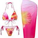 ZAFUL Women's 3 Piece Swimsuit Floral Halter Triangle String Bikini Tie Side Bottom with Boho Cover Up Skirt, S