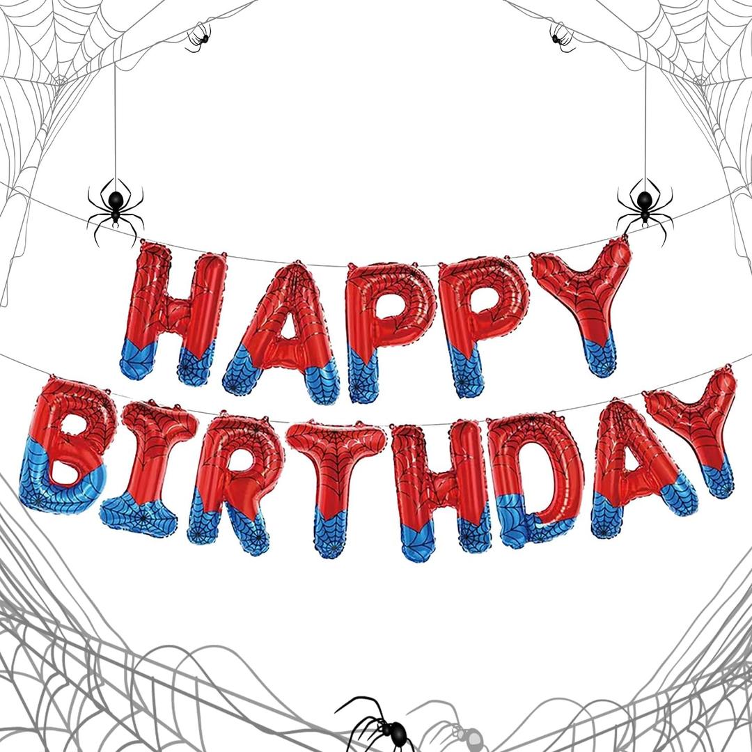 Spider Theme Happy Birthday Letter Balloons Banner, Red and Blue, Party Decoration, 16 inches