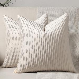 DEZENE Ivory White Couch Pillow Covers: 2 Pack 18x18 Inch Original Striped Velvet Square Throw Pillow Cases for Farmhouse Home Decor