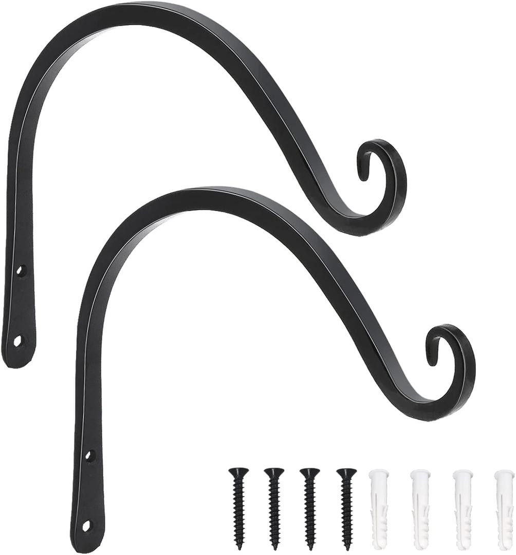LOOGI Hanging Plant Bracket, Wall Hook Plant Hanger Decorative Hooks for Indoor Planter Lantern, Outdoor Bird Feeder Wind Chime, 2 Pack Black (8 Inch C)