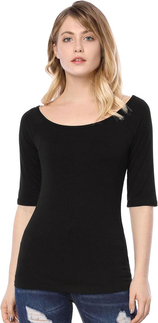 Allegra K Women's Half Sleeves Scoop Neck Fitted Layering Top Soft T-Shirt (X-Large)