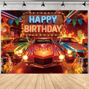 SVBright Racing Car Happy Birthday Backdrop 7Wx5H Western Vintage Retro West Brown Barn Door Rustic Farmhouse Country Fire Colorful Flags Decorations Photography Background Banner Photo Booth Studio