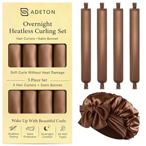 Heatless Curls Overnight, Heatless Hair Curler Set Satin with Button Closure 4 Hair Rollers for Women + Satin Hair Bonnet for Sleeping, Flexi Rods Blowout Rods for Long Hair (A - BROWN)