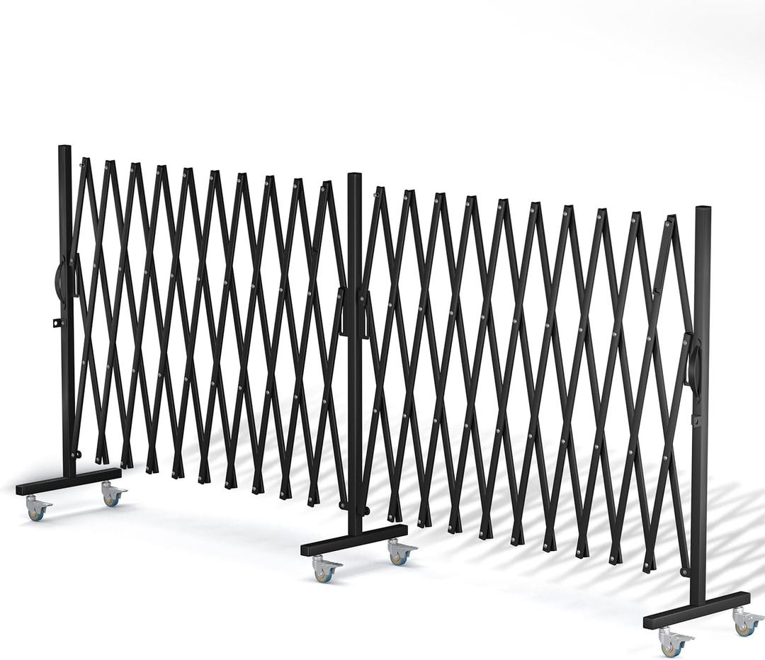 Expandable Barricade, Accordion Garden Yard Outdoor Indoor Portable Folding Security Dog Fence Gates Wall Mount, 200" Adjustable Metal Safety Barrier Gate with Casters, Black (Large)