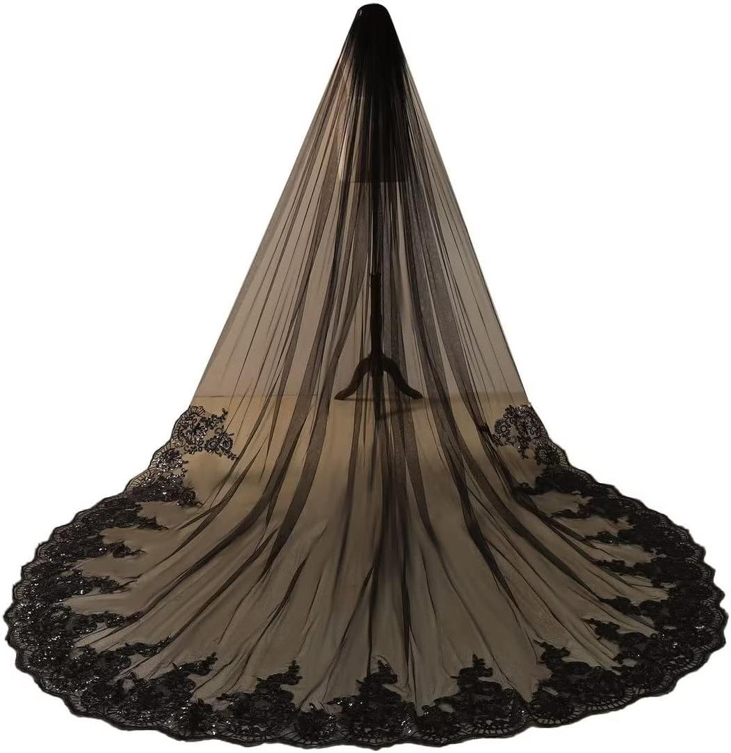 Hazhlko Women's 118" 1 Tier Cathedral Length long Lace Sequins Wedding Bridal Veil with Metal Comb