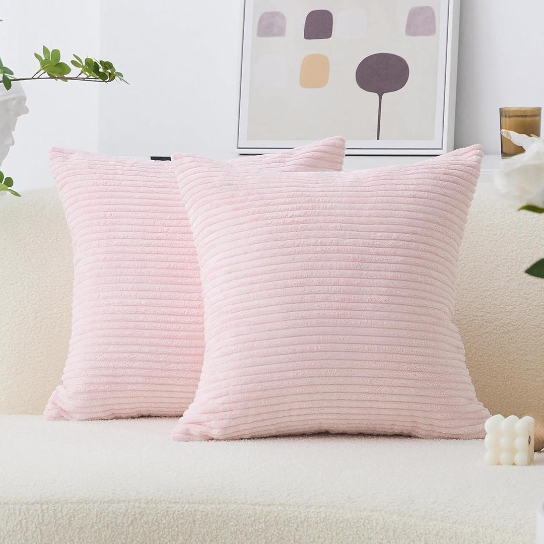 Home Brilliant Large Pillow Covers for Sofa Bed Euro Sham Super Soft Striped Velvet Couch Set of 2 Throw Pillow Covers for Room, 24 x 24 inch, Blush Pink