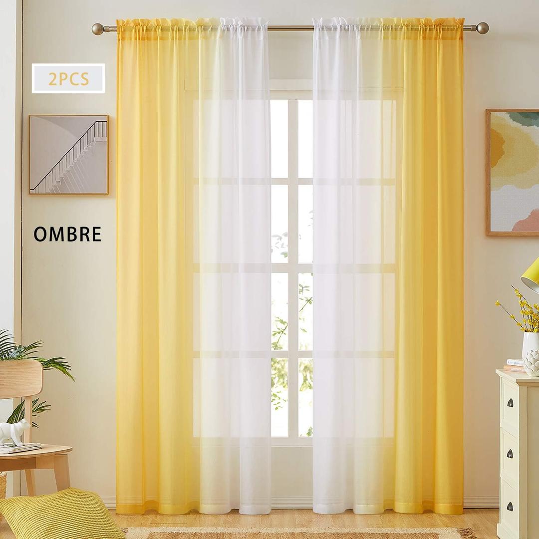 Ombre Faux Linen Sheer Curtains for Bedroom Living Room Rod Pocket, Privacy and Light Filtering, 2 Tone Reversible Gradient Voile Semi Window Curtains, Set of 2 Panels, Yellow and White, 54 x 96 Inch Length