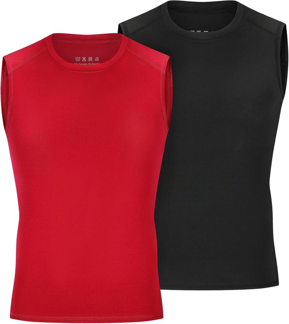 Youth Boys Sleeveless Compression Shirt Basketball Football Undershirt Quick Dry Kids Athletic Tank Tops for Workout (X-Large, 2 Pack: Black+Red)