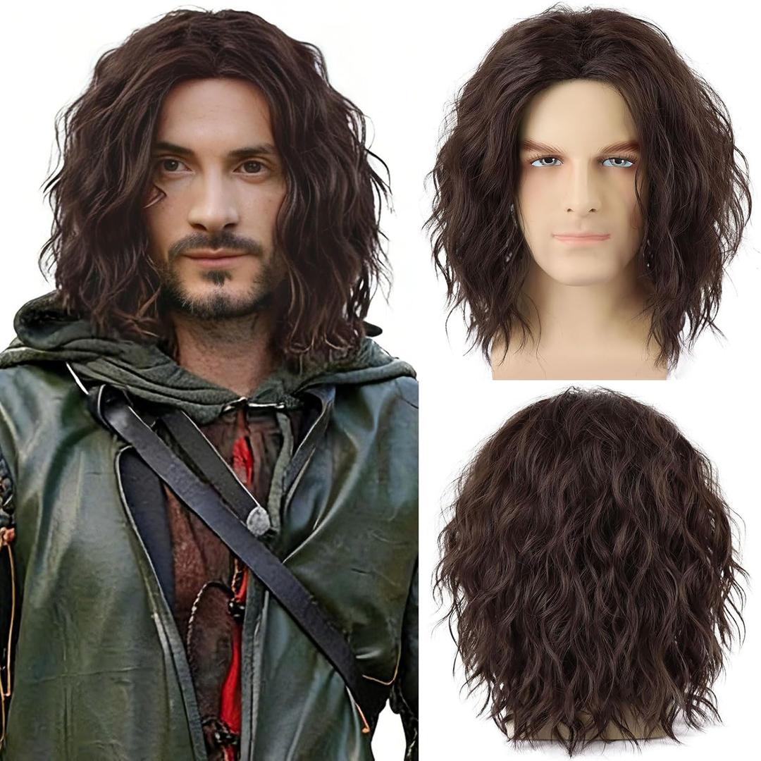 Mens Brown Curly Wig for Costume Middle Part 70S 80s Synthetic Funny Wigs for Retro Halloween Cosplay Party Use