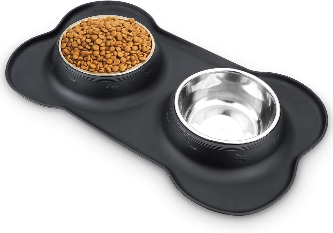 AsFrost Dog Food Bowls Stainless Steel Dog Bowls, Pet Dog Food Water Bowls No-Spill Non-Skid, Feeding Bowls with Dog Bowl Mat Dog Dishes for Small Medium Size Large Dogs Cats Puppy, Black, 240z (1 Cup/12 oz each)