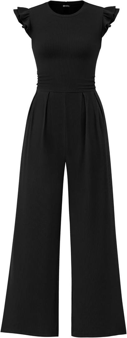 PRETTYGARDEN Summer Jumpsuits for Women Dressy 2026 Fashion Ruffle Cap Sleeve Romper Crew Neck Rib Knit One Piece Outfits (Large, Black)