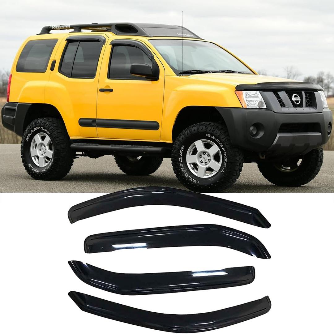 Side Window Wind Deflectors fit for 2005-2015 Nissan Xterra,4pcs Out-Channel Tape On Dark Smoke Nice Rain Guards Set, Window Visor 94539