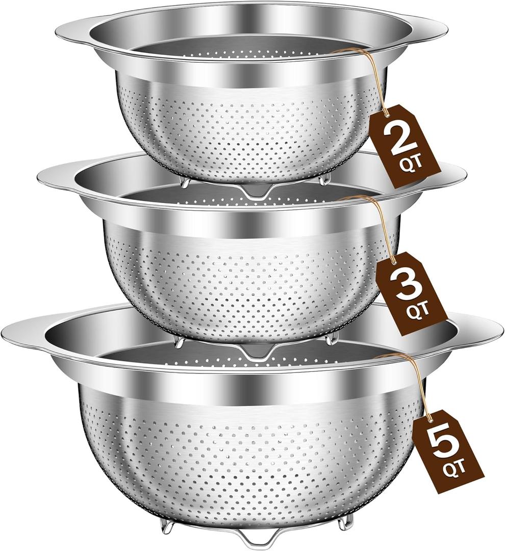 Stainless Steel Colander for Kitchen, Stainless Steel Strainer, Pasta Strainer for Spaghetti Fruit Vegetable Cooking Food, 3 Pcs Strainers and Colanders(2QT, 3QT, 5QT), Dishwasher Safe, Kitchen Gift