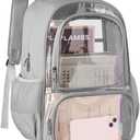 Clear Backpack, Fabric & PVC Transparent Backpack with Reinforced Strap for Women Men, Heavy Duty Transparent Bookbag, Large Capacity Clear Bag, Travel, Security, Grey