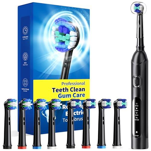 TEETHEORY Rotating Electric Toothbrush for Adults with 7 Brush Heads (2 Types), 4 Modes Deep Clean Electric Toothbrush with Rechargeable Power and 2 Min Smart Timer (1- Black, p1)