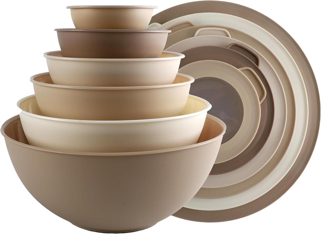 COOK WITH COLOR Mixing Bowls with TPR Lids - 12 Piece Plastic Nesting Bowls Set includes 6 Prep Bowls and 6 Lids, Microwave Safe (Brown)