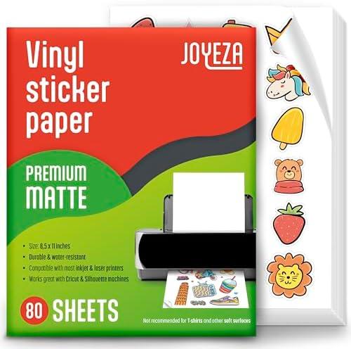 JOYEZA Premium Printable Vinyl Sticker Paper for Inkjet Printer - 80 Sheets Matte White Waterproof, Dries Quickly Vivid Colors, Holds Ink Well- Tear Resistant - Inkjet & Laser Printer