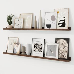 RICHFOCUS Picture Ledge Shelf, 48 inch Floating Shelves Set of 2, Wood Wall Shelves with Lip, Wall Decor Storage for Bedroom Living Room Bathroom Kitchen Nursery Photo Picture, Walnut