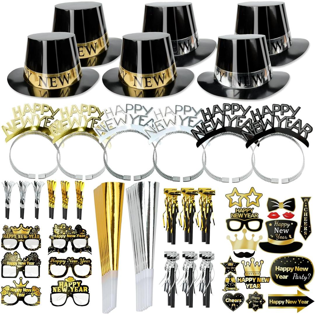 76 PCS Happy 2026 New Year's Eve Party Supplies Kits - Celebrate with Fun Party Hats Glasses Photo Props Noisemakers for Families Friends Gatherings