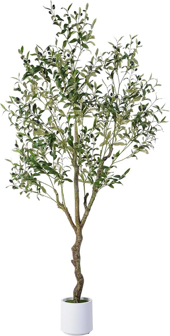 Artificial Olive Tree 6FT, Indoor Fake Silk Plant with Realistic Trunk, Leaves, Fruits and White Planter, Faux Potted Tree for Home Decor and Housewarming Gift, 1 Pack (Green)