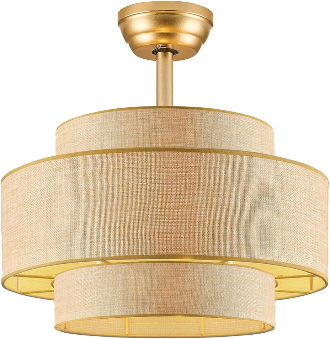 Boho Fandelier Ceiling Fan with Light Rattan Chandelier Fan Remote Gold Caged Ceiling Fan with Light for Bedroom, Living Room Nursery Foyer Kitchen Timing Adjustable Height, Medium
